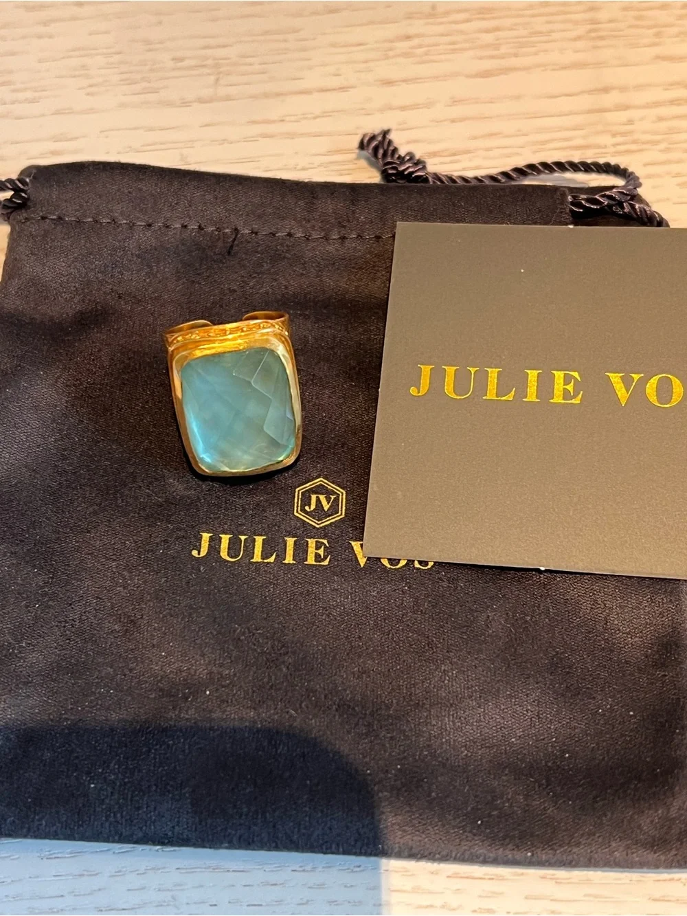 Julie Vos Gold Ring with Aquamarine Green Stone